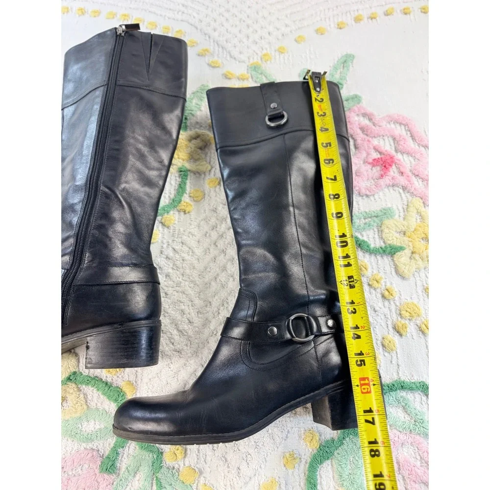 Bandolino BDCOPLIE Black Leather Tall Riding Boots Womens 10M Block Heel Harness